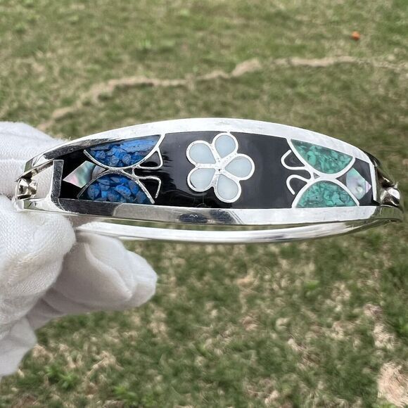 Vintage Alpaca Mexico Women's Bracelet Abalone‎ Shell Floral Silver Tone Signed - Picture 2 of 16